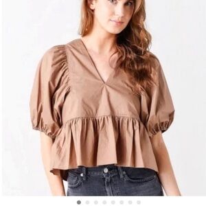 HUNTER BELL Landry Top Brown V Neck Puff Sleeves Cotton